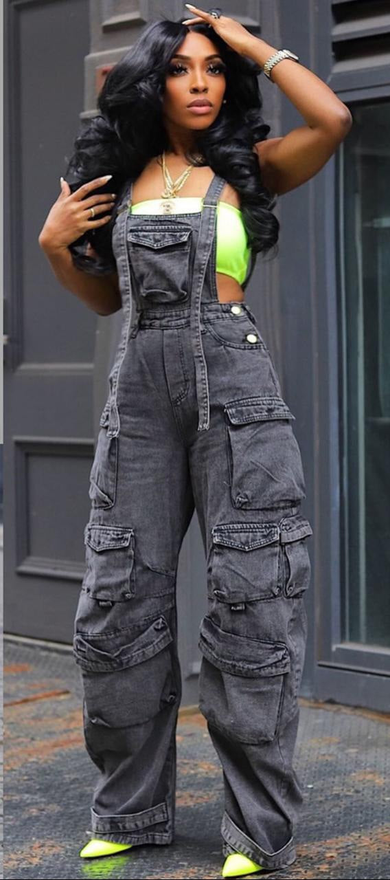 Denim Cargo Overall Jumpsuit