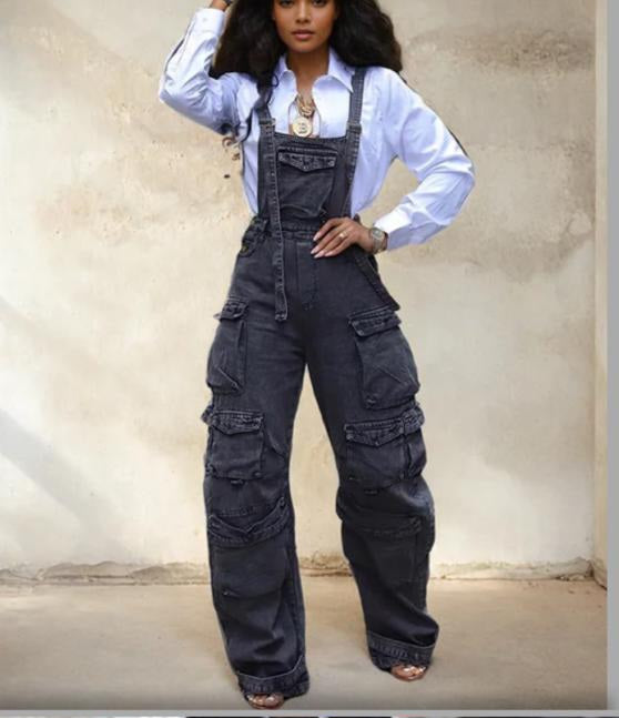 Denim Cargo Overall Jumpsuit