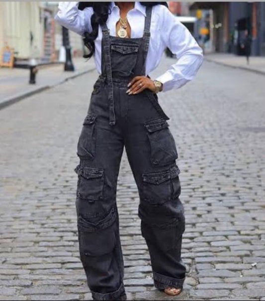 Denim Cargo Overall Jumpsuit